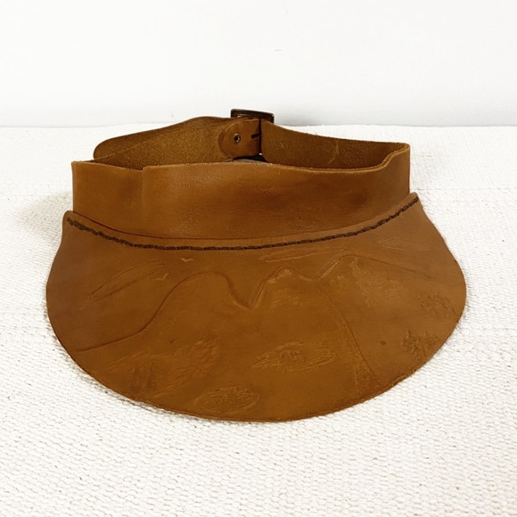 Leather Tooled Visor Mountains Adjustable Cognac Brown - Picture 1 of 7